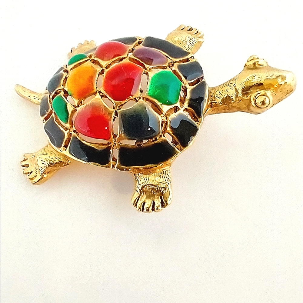 Vintage Gold tone  Enamel Rhinestone Turtle Pin  2.5  Inch